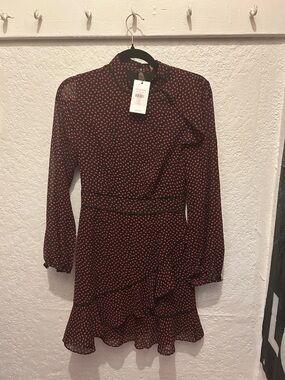 Whistles Black Dress with Red Print Long Sleeve Ruffle Hem